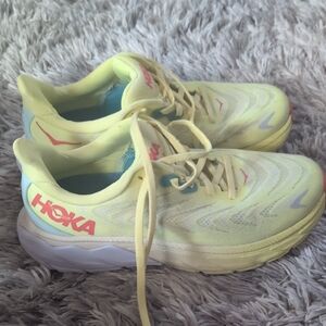 Hoka Neon Yellow Athletic Shoes with Pink Logo